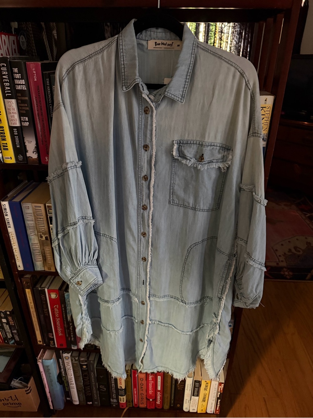 Ladies Three Bird Nest Light Blue Oversized Washed Denim-Style Button-Up Shirt